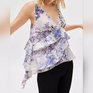 Ecote Debbie Asymmetrical Tiered Ruffle Tunic Tank Top, Blue Floral Motif, XS